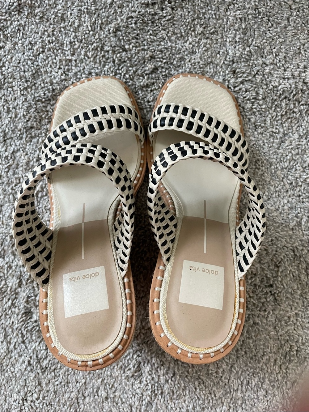 Dolce Vita Ivory and Black Woven Strap Slide Sandals